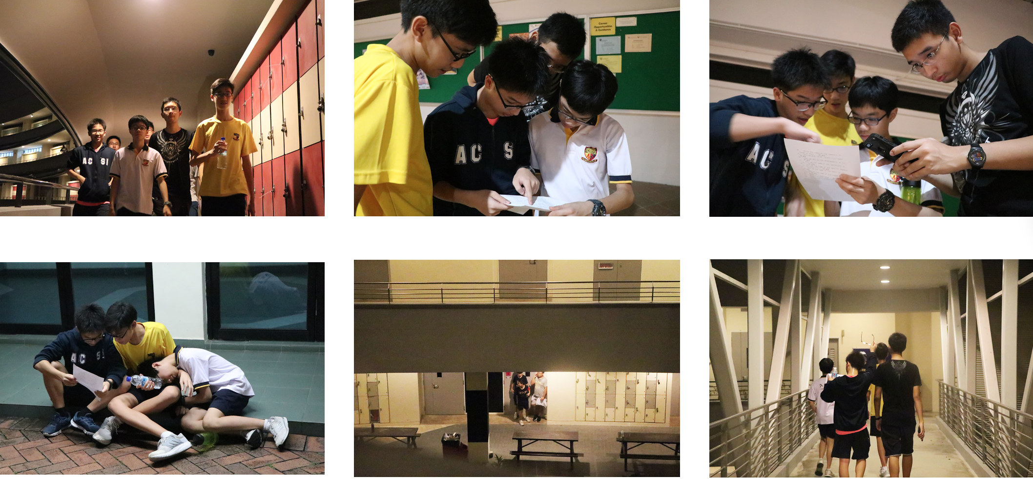 Six photos of school students in ACS uniforms walking hallways, reading papers, and resting on the ground at night.